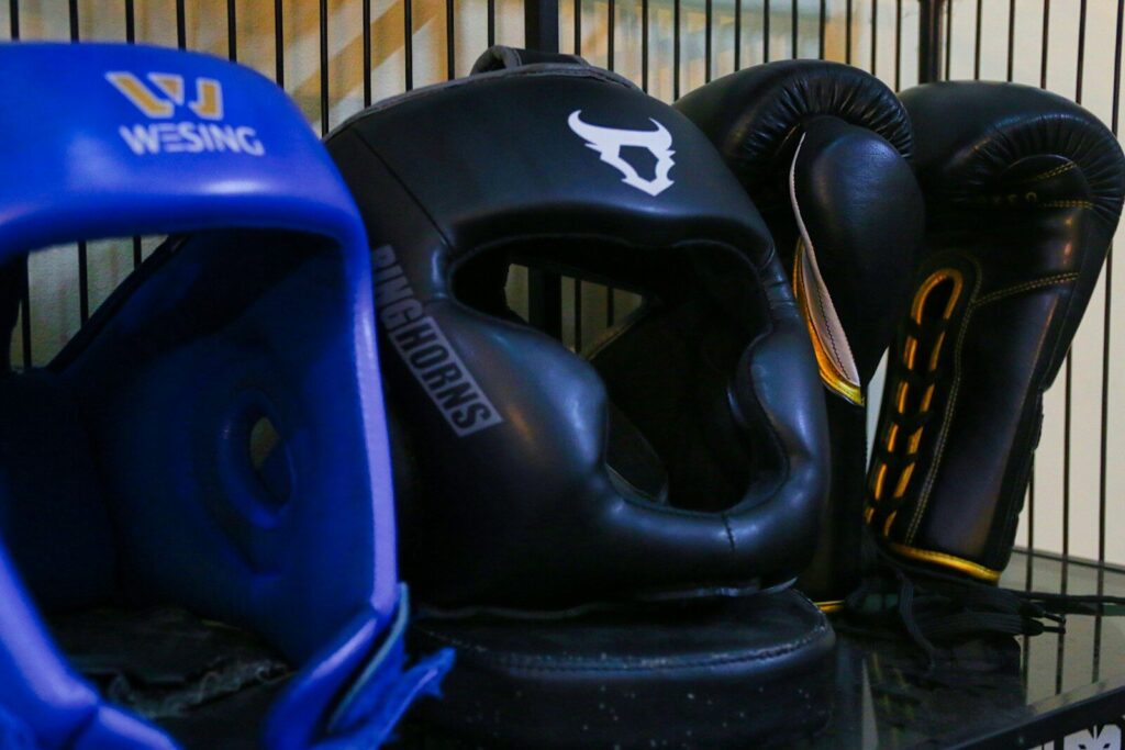 a group of boxing gloves sitting on top of a table